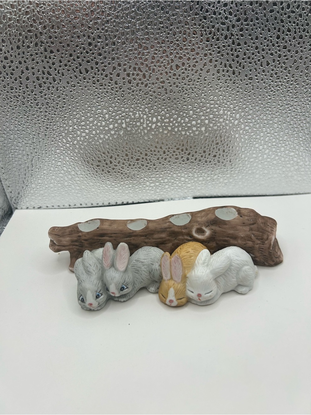 Vintage 1986 WNS Taiwan porcelain candle holder hand-painted bunnies Rustic Log